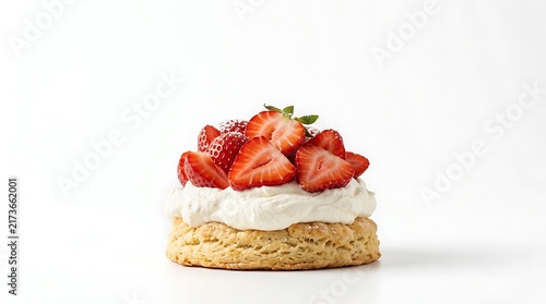 A delicious homemade strawberry shortcake white background featuring fresh sliced berries on thick whipped cream over a golden baked biscuit scone.