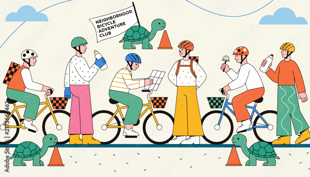 Fototapeta premium Bicycle adventure club, people riding bikes with dinosaurs