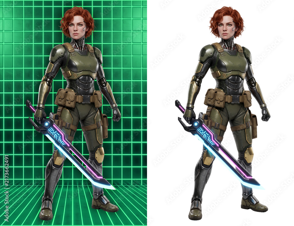 Fototapeta premium Elite Cybernetic Vanguard holding Glowing Plasma Katana, 3D Female Character Design Split View Asset with Green Tech Grid and Transparent Background