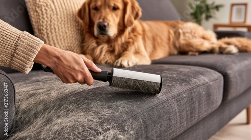 A person removes pet hair from a sofa with a lint roller while a golden retriever rests on the couch in a cozy living room.