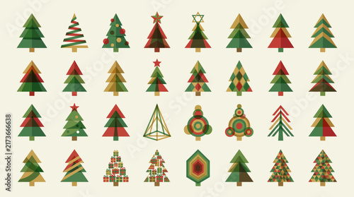 Christmas Tree Icon Collection with Varied Geometric Shapes and Festive Holiday Designs