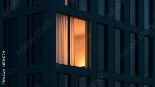 Single warm illuminated window on dark modern building at night.