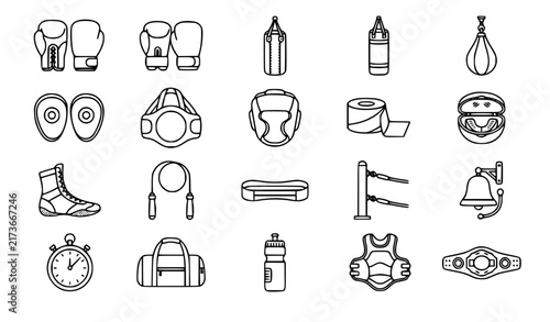 Bild auf Leinwand Minimal boxing and combat sports equipment line icon set with gloves bags protec