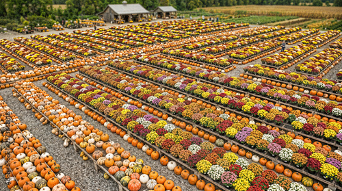 Vast Autumn Harvest Display of Pumpkins and Mums.
