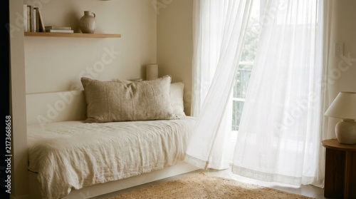 Serene Neutral Bedroom with Linen Daybed and Sheer White Curtains in Morning Light