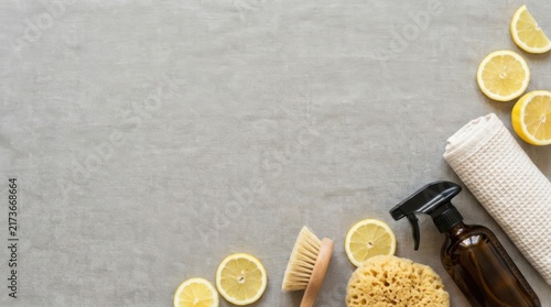 Natural Eco Friendly Cleaning Supplies Flat Lay with Lemons and Copy Space