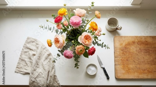 Top View Flat Lay of Colorful Flower Bouquet Linen Napkin and Coffee Cup