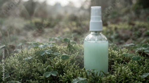 Natural Eco Friendly Glass Spray Bottle Resting in Lush Green Moss and Ferns