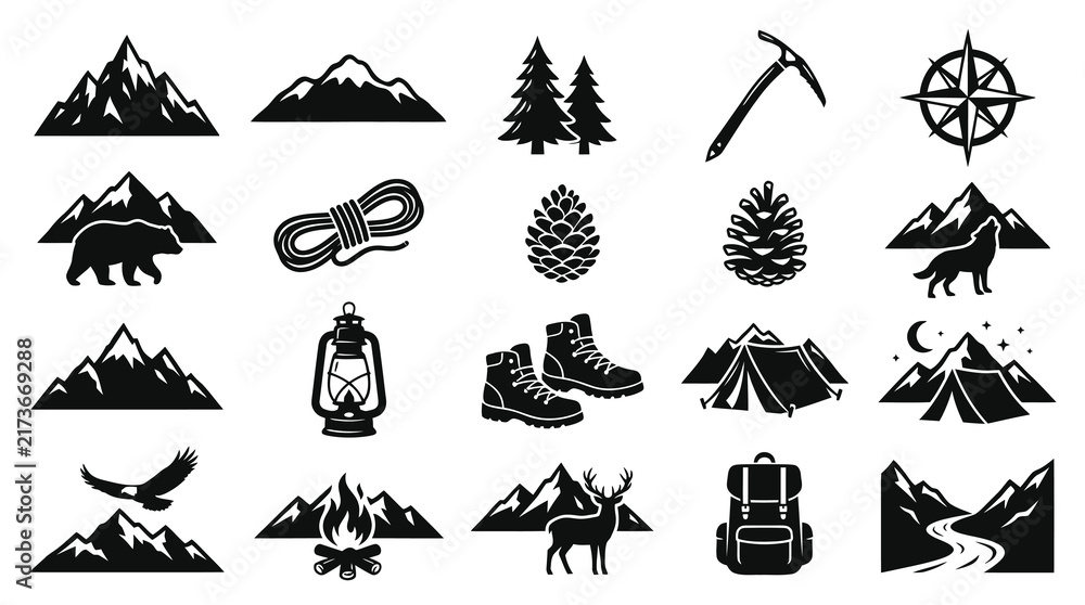 Fototapeta premium Outdoor Adventure Nature Camping Hiking Vector Icons Set Black and White Glyph Silhouettes