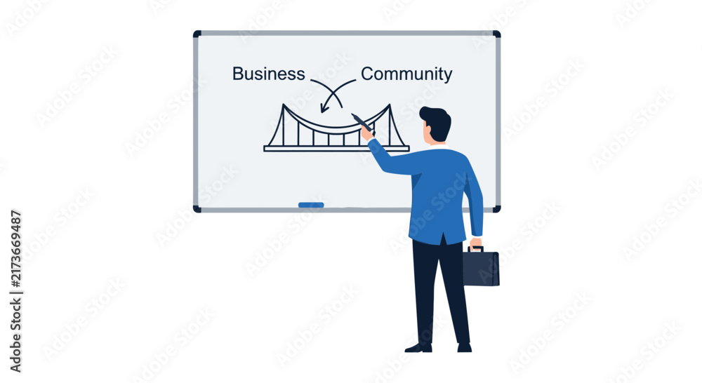 Obraz premium Businessman Drawing Bridge Connecting Business and Community on Whiteboard - Corporate Social Responsibility Concept Illustration