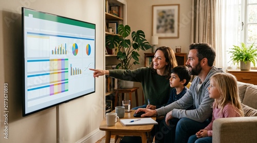 Family Learning Together: A family gathered in their living room, intently focused on a large screen displaying financial charts and data.
