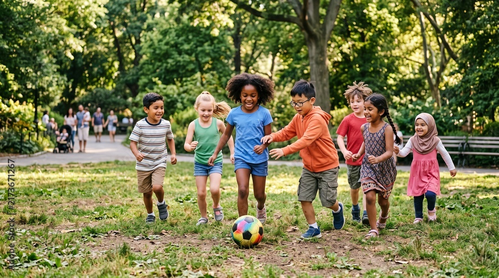Fototapeta premium Diverse children play soccer in a park: A group of diverse children are joyfully playing soccer in a sunny park, surrounded by lush green trees and grass. They are all smiling and having fun.