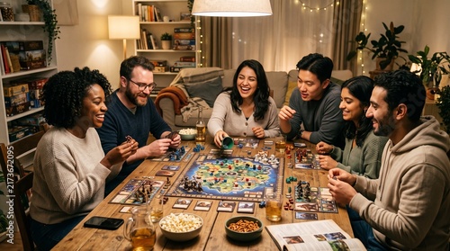A Lively Board Game Night: A diverse group of friends gathers around a wooden table, immersed in a thrilling board game, with snacks and drinks.