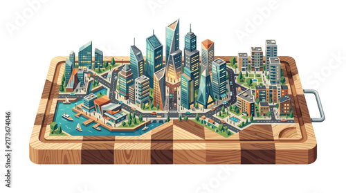 Miniature Cityscape on Cutting Board