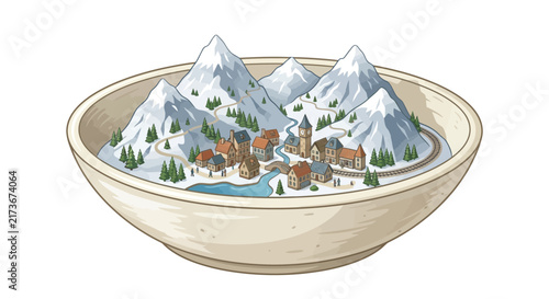Miniature winter village in a bowl