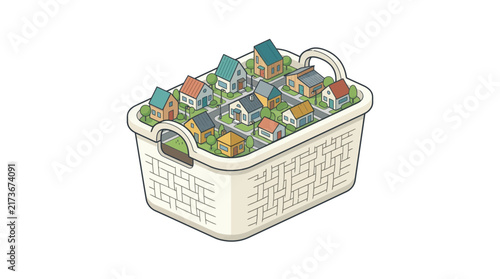 Miniature houses in a basket