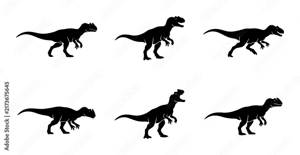 Fototapeta premium Dinosaur Silhouettes Collection, Prehistoric Reptile Icons, Jurassic Era Vector Graphics, Ancient Creature Set