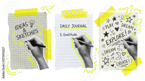 Set of torn paper notes with handwriting and yellow tape isolated on transparent background