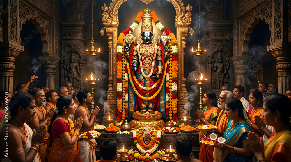 Fototapeta premium Hindu Devotees Worshipping Lord Vishnu Inside Temple