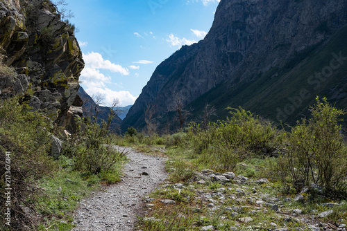 A trail through a mountain gorge in the valley on a sunny summer day