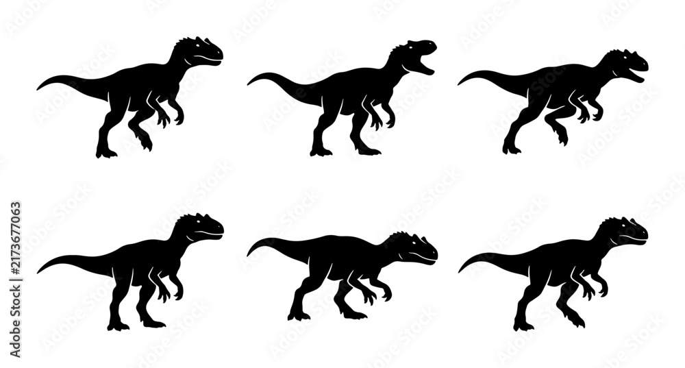 Fototapeta premium Dinosaur Silhouettes, Prehistoric Reptile Icons, Tyrannosaurus Rex Vector Set, Jurassic Era Graphics