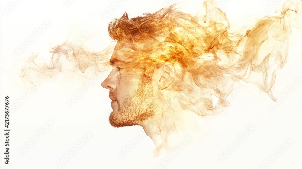 Fototapeta premium Profile of Fiery Inspiration: A man's profile is engulfed in a vibrant, abstract swirl of orange and gold smoke, symbolizing passion, creativity, and intense thought.