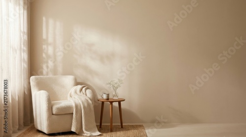 Minimalist Cozy Reading Armchair with Knitted Throw Blanket and Warm Wall Shadows