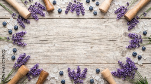 Rustic Wooden Background Bordered with Fresh Lavender Flowers and Mortar Mockup