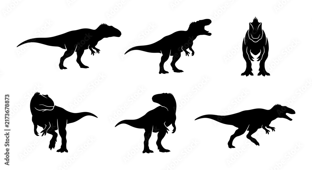 Obraz premium Dinosaur Silhouettes Set, Prehistoric Reptile Vector Icons, Tyrannosaurus Rex and More