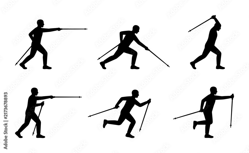 Fototapeta premium Nordic Walking Silhouettes, Six Dynamic Poses, Vector Set for Fitness and Sport
