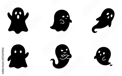 Photography Six Black Ghost Icons, Spooky Halloween Characters, Cute and Scary Spirits, Vect