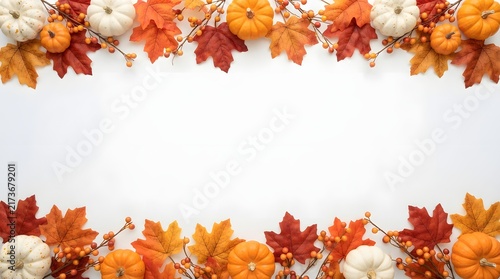 Autumn border frame with pumpkins, colorful maple leaves, and berries isolated on white background