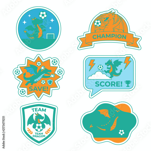 Teal and orange dragon soccer sports sticker set.