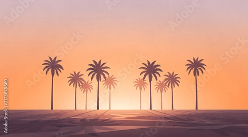 Vibrant Tropical Palm Tree Silhouettes Against an Orange Sunset Horizon with Minimalist Desert Style