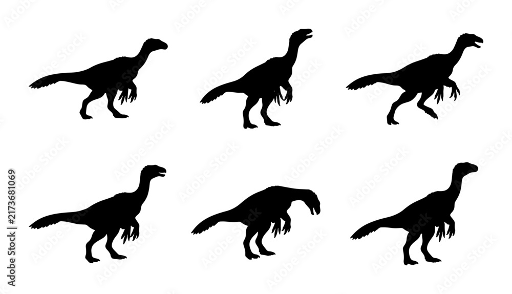 Fototapeta premium Dinosaur Silhouettes: Six Prehistoric Raptor Icons, Vector Graphics for Paleontology and Kids