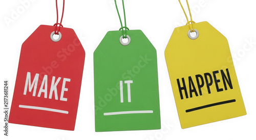 Three colorful price tags with make it happen text isolated on transparent background
