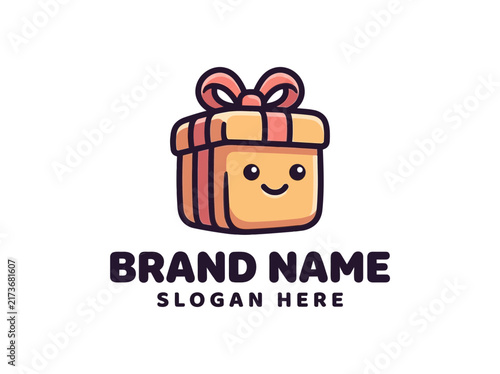 Cute kawaii gift box logo template with smiley face and pink ribbon for brand mascot design