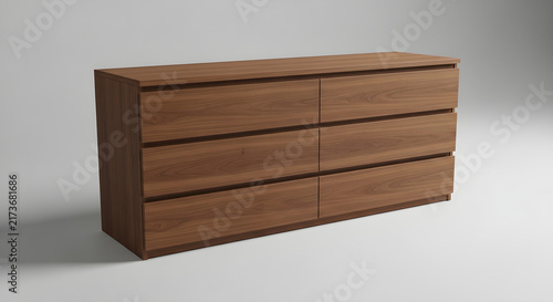 Modern Walnut Wood Six Drawer Dresser Storage Console for Minimalist Bedroom and Living Room Interior Furniture Design Isolated on White Background