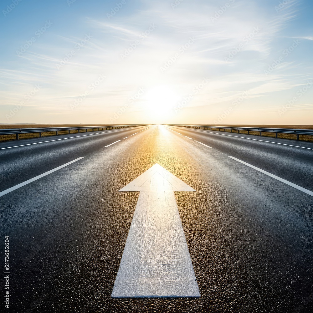 Obraz premium A wide asphalt road stretches toward a distant horizon under a bright sky, featuring a white painted arrow pointing forward on the pavement, sky, direction, arrow