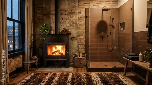 Luxury Industrial Bathroom Interior with Burning Wood Stove, Brick Walls, and Modern Glass Shower
