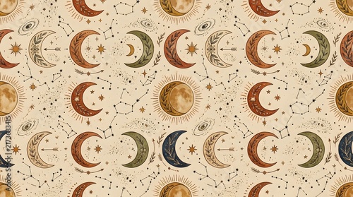 Celestial Moon Phases Seamless Pattern with Stars and Galaxies.