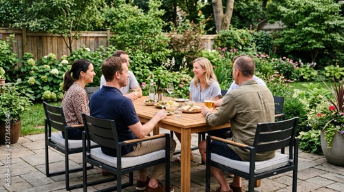 Group of friends and family enjoying outdoor dinner party in lush garden backyard, sitting at wooden table with food and drinks, socializing, laughing, summer lifestyle