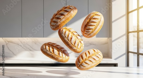 Golden artisan bread loaves levitate magically in a bright modern bakery with white marble counters, minimalist decor, and warm sunlight, bright, steam, concept