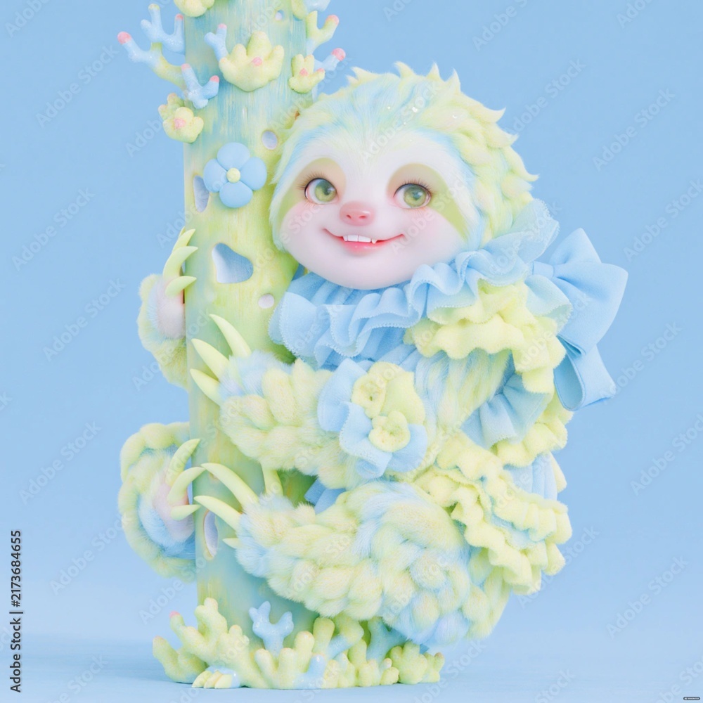 Naklejka premium Cute Sloth Sculpture, Fantasy Character Design, Blue and Yellow Clay Art, Sweet Face, Fluffy Fur, Adorable Creature, 3D Modeling, Collectible Figure