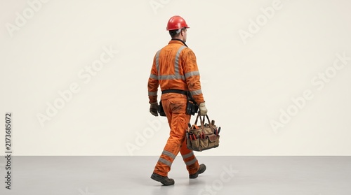 Construction worker wearing orange safety uniform and red hard hat walking while carrying a heavy toolbox, representing industrial labor, maintenance and repair services