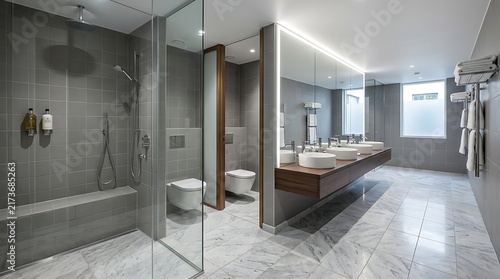 Modern Luxury Hotel Bathroom Interior with Marble Floors, Glass Shower, and LED Illuminated Mirror