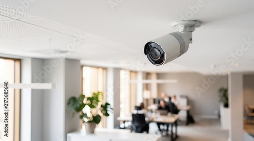 Modern white security camera mounted on ceiling monitoring office space, surveillance system ensuring workplace safety and asset protection, CCTV technology for business security