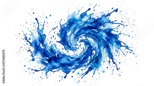 Blue watercolor splash and swirling liquid wave vector illustration. Paint drops and fluid flow on white background. Dynamic art element for creative branding projects and design portfolios