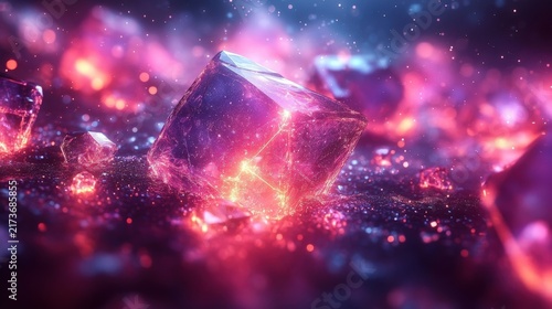 Abstract Glowing Pink And Purple Crystal Cube Floating In A Magical Cosmic Space With Bokeh Lights