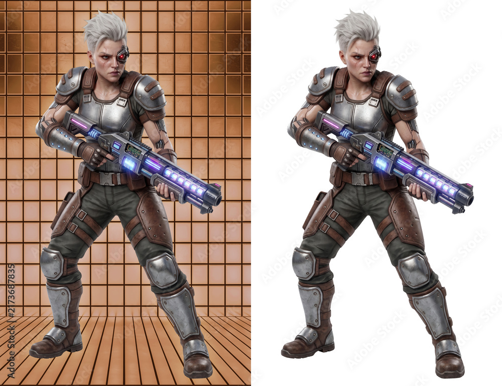 Obraz premium Frontier Sector Enforcer holding Futuristic Energy Shotgun, 3D Female Character Design Split View Asset with Bronze Grid Background